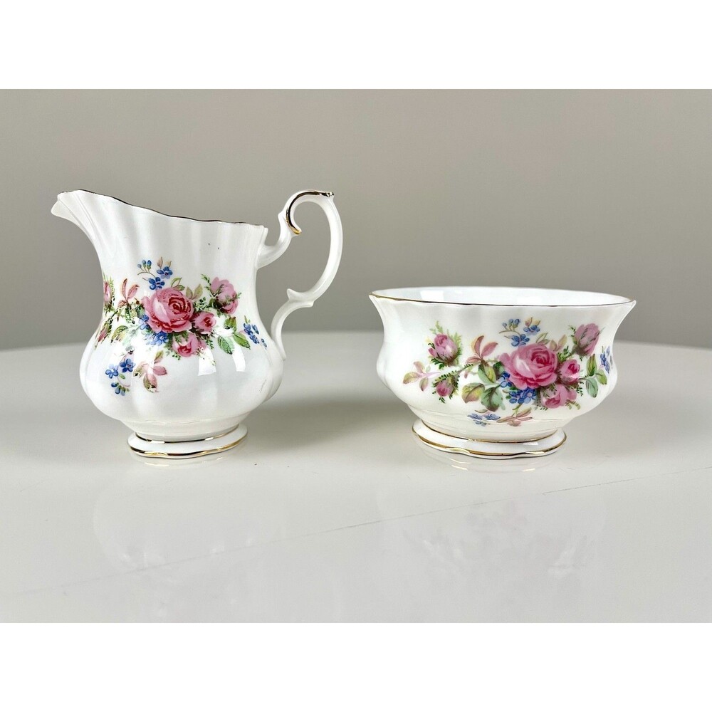 Royal Albert Moss Rose Cream & Sugar Set Bone China Montrose Vintage 50s England
